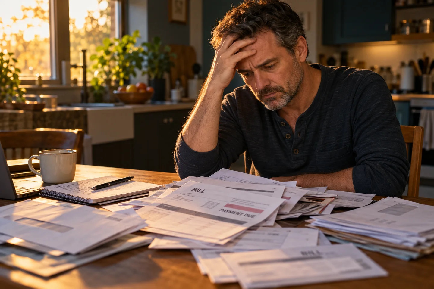 A tired person at a kitchen table with household bills.