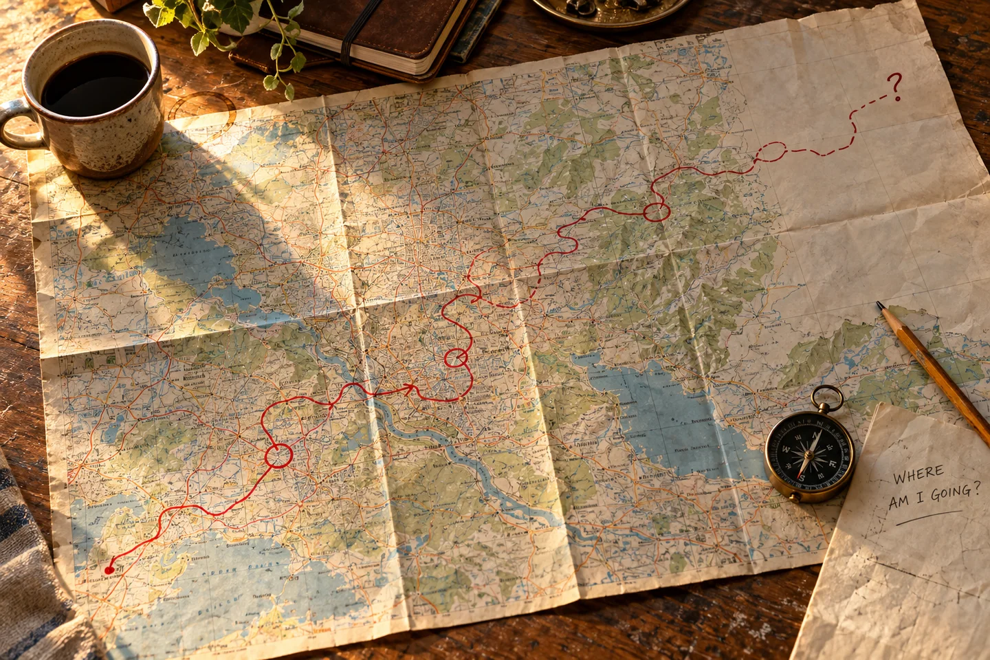 A paper map with a winding route ending in a question mark.