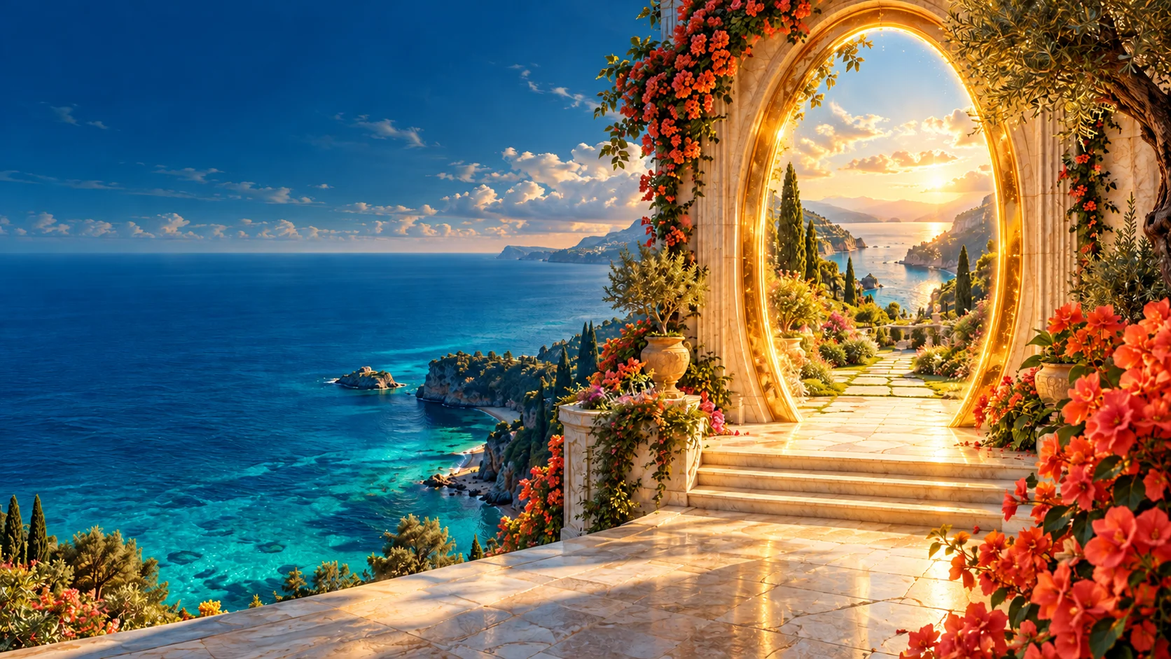 A glowing doorway opening onto a sunlit landscape.