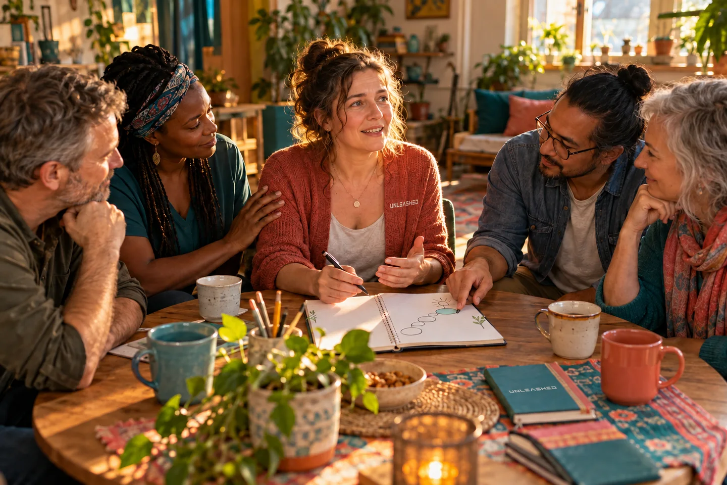 Illustration of peers listening and helping someone plan a next step, with an UNLEASHED notebook on the table.