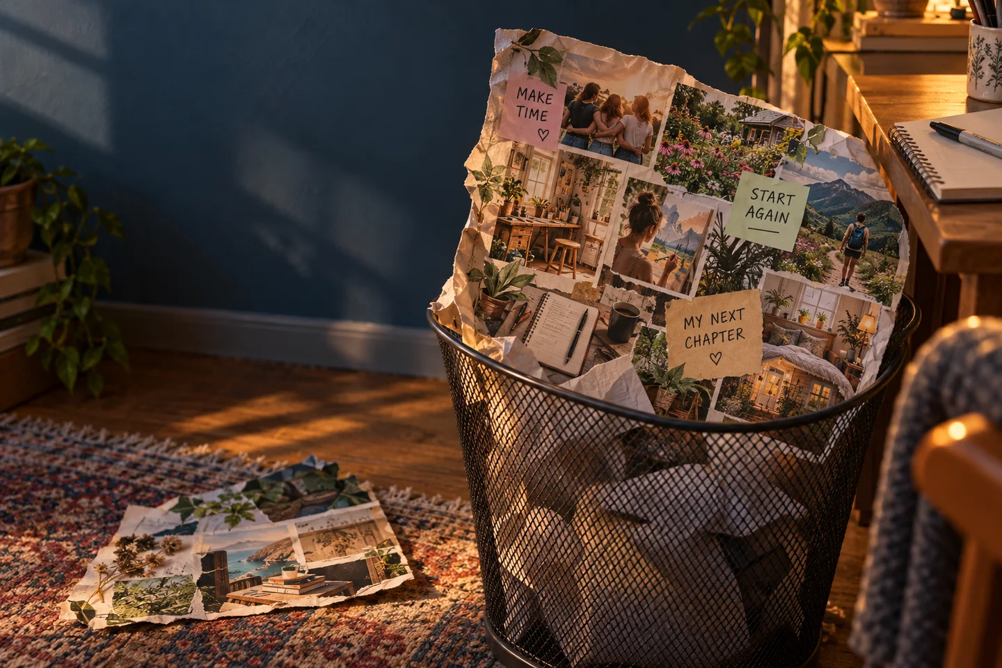 A carefully made vision board discarded in a wastebasket.
